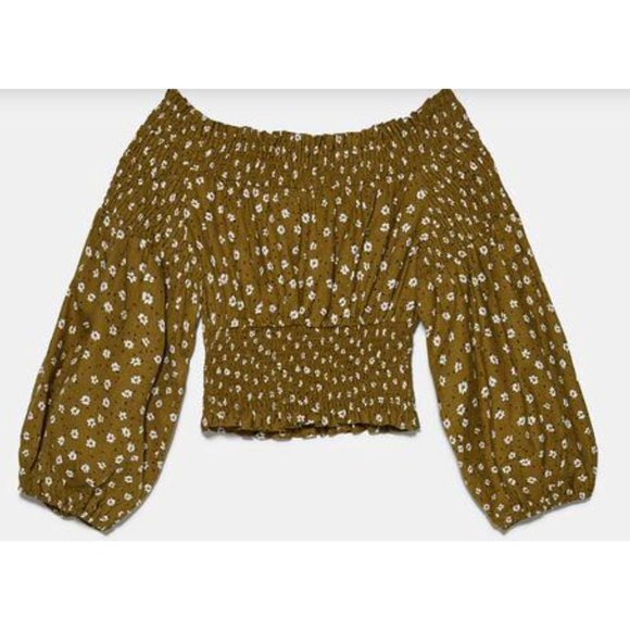 Zara Tops Zara Green Floral Dots Off Shoulder Cropped Top Linen